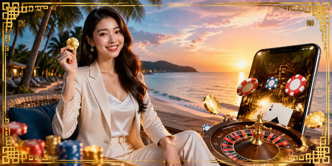 Người chơi trải nghiệm casino di động trên bãi biển Phú Quốc buổi chiều tà